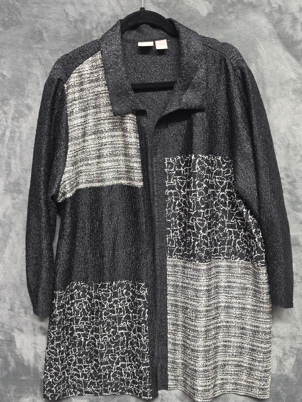 Chico's Black & Gray Crepe Patchwork Long Jacket Sz 3(16/18)